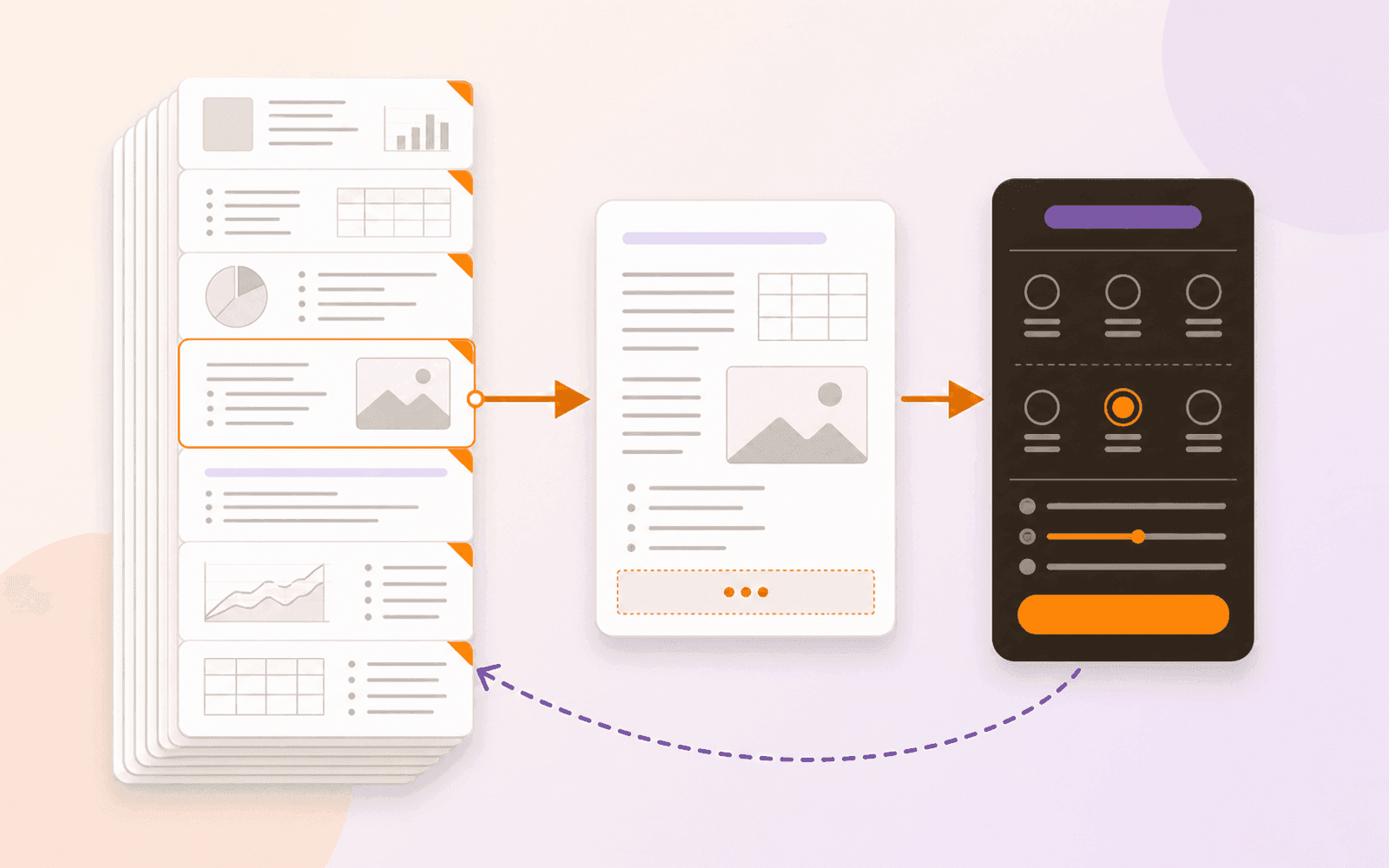 Detailed PDF page stack leading to a footer preview and a dark six-position numbering panel, with a purple verification path