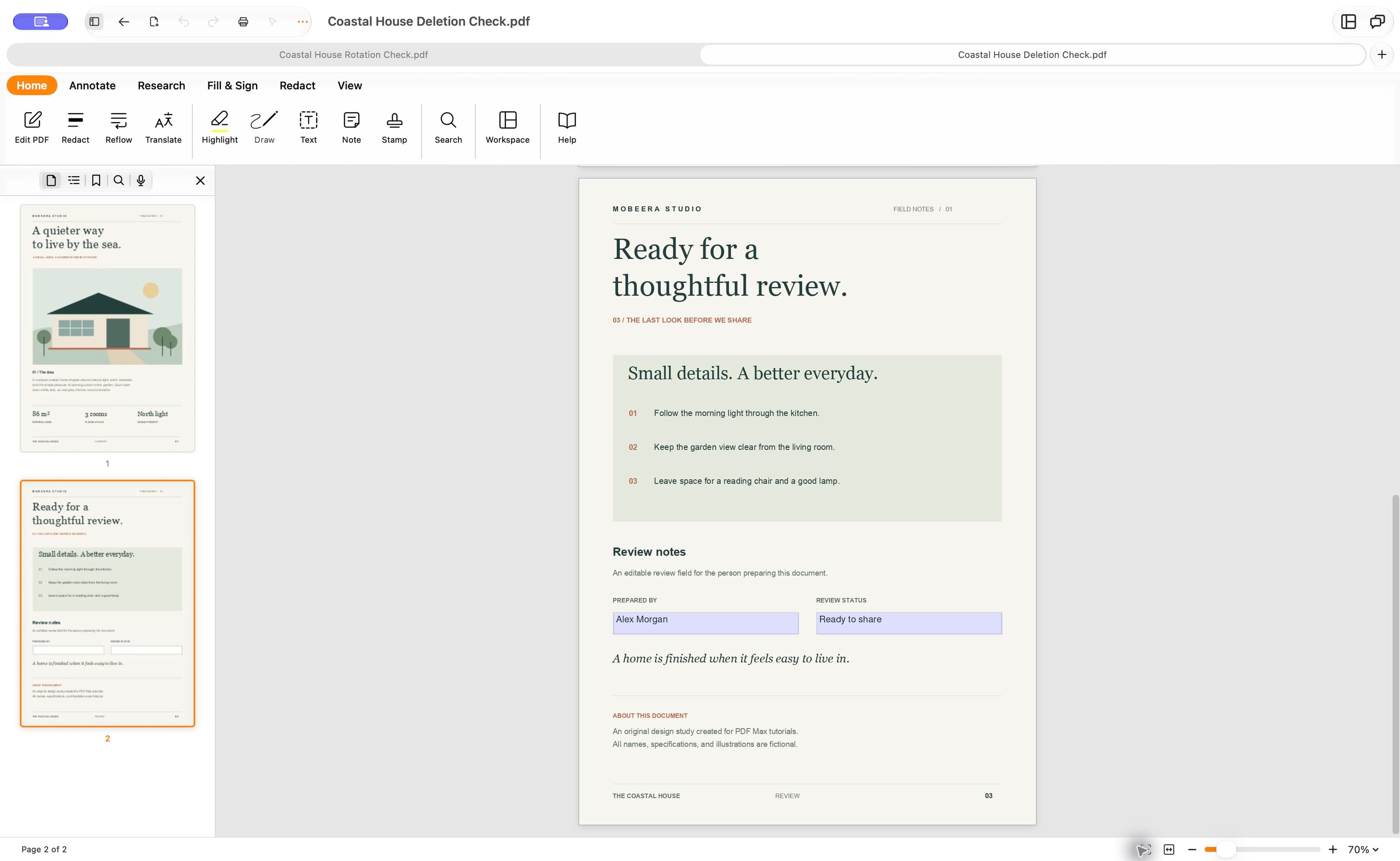 Reopened two-page PDF in PDF Max Pro with the cover and review thumbnails and both review form values visible