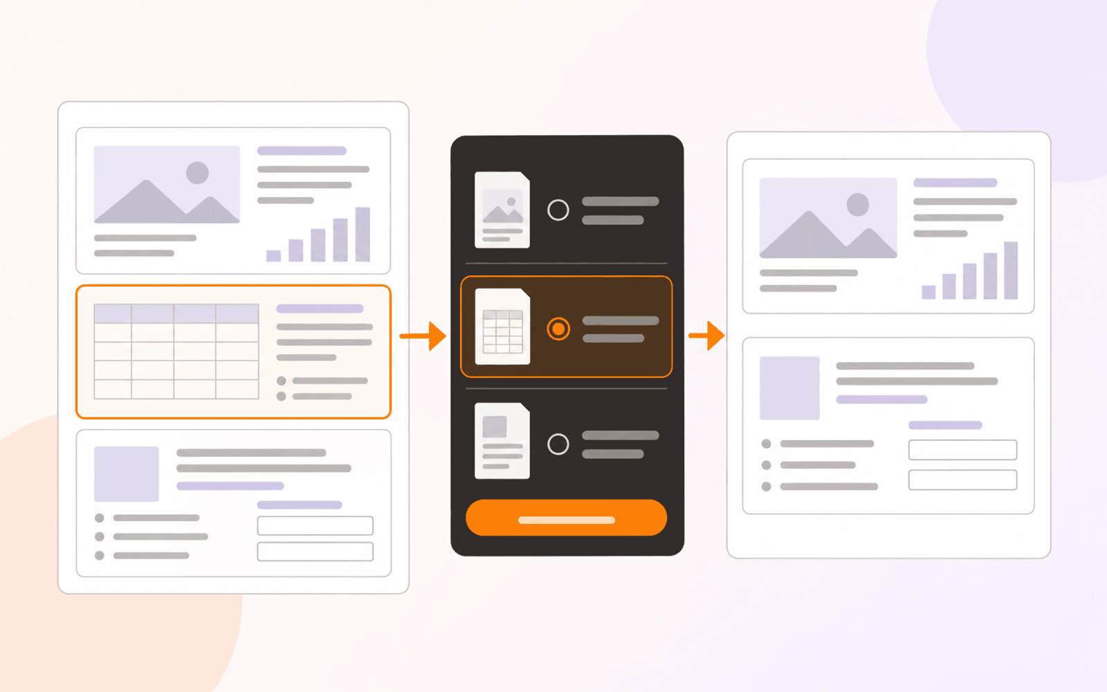 Three PDF thumbnails become two after the selected middle page is removed through a charcoal page-action panel