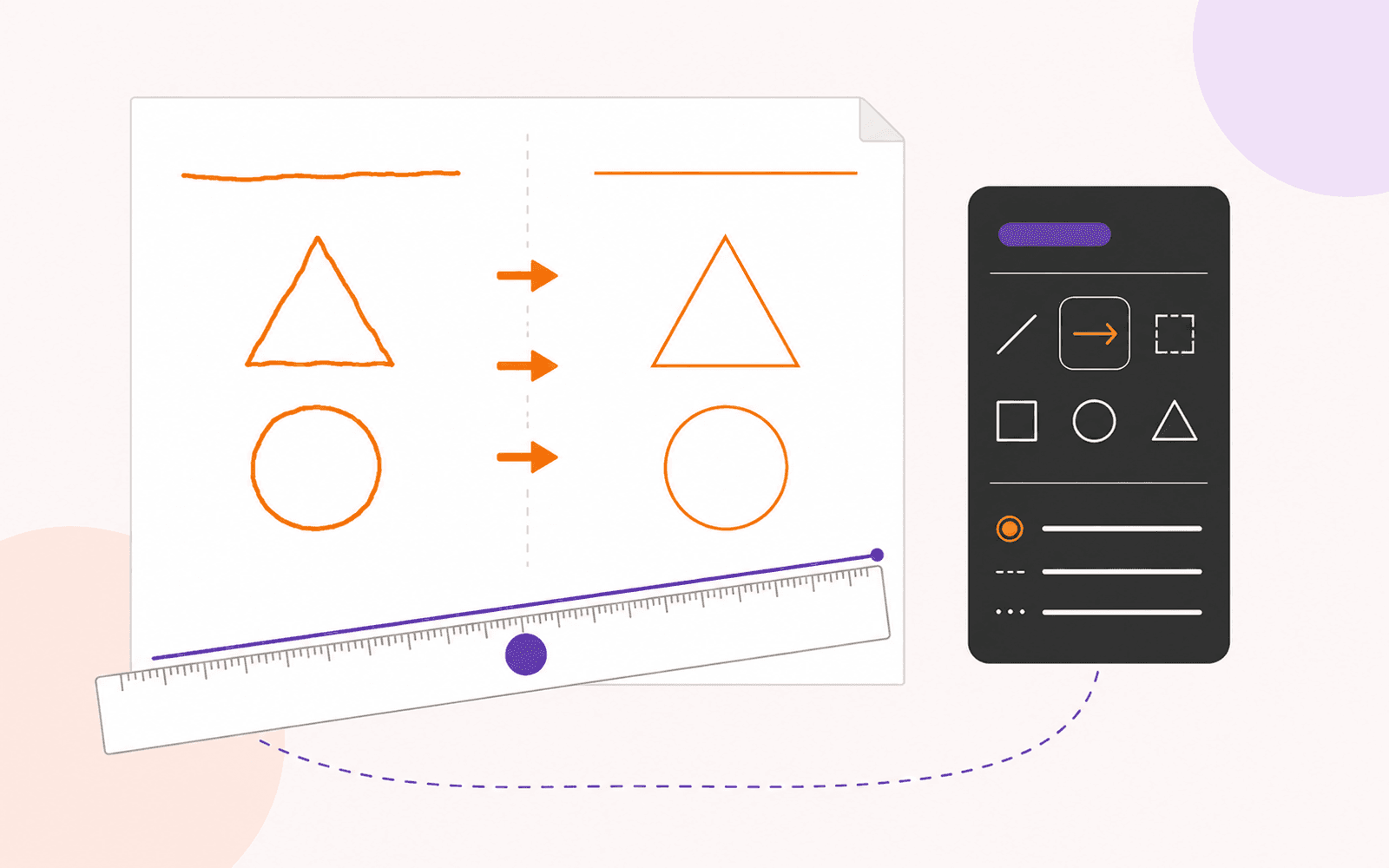 Rough hand-drawn lines, a triangle, and a circle become clean PDF shapes beside a movable ruler and a flat shape-tool panel