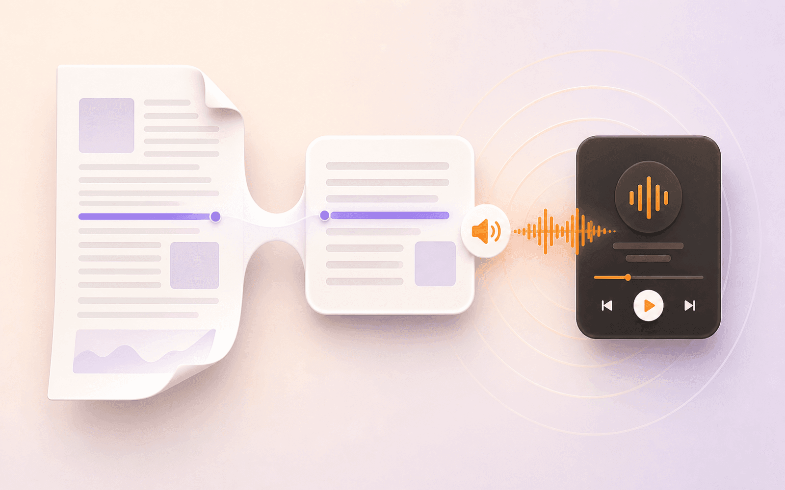 PDF page flowing into a reflow reading card and a dark audio player with highlighted words and an orange waveform