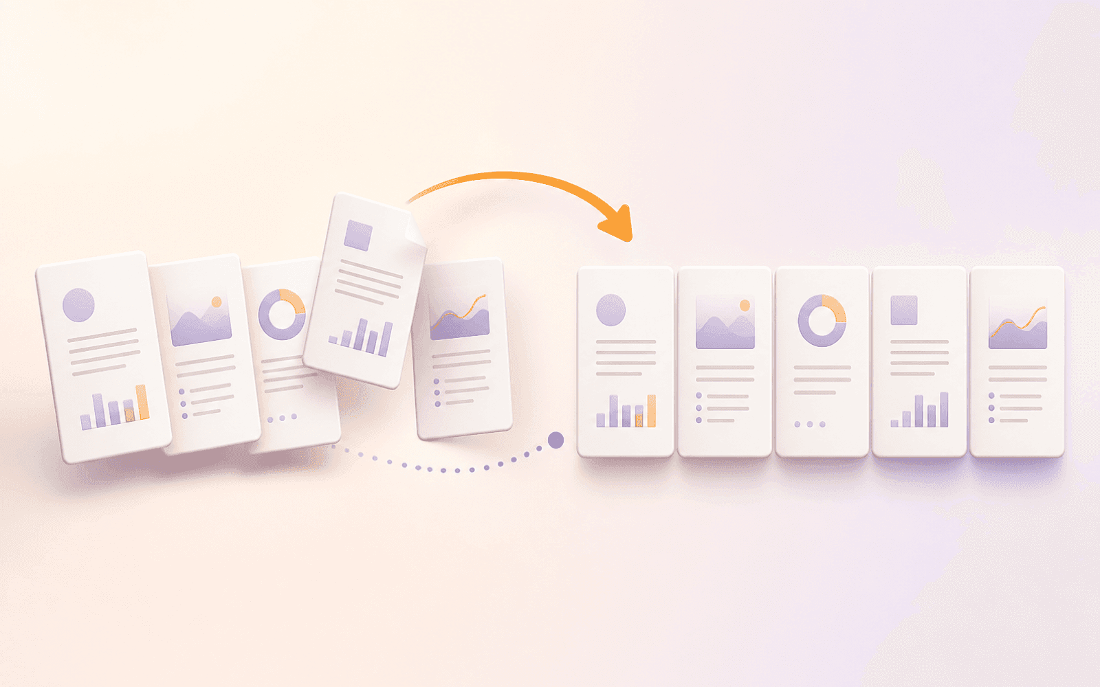 Scrambled PDF page thumbnails moving along orange and purple paths into a clean ordered sequence