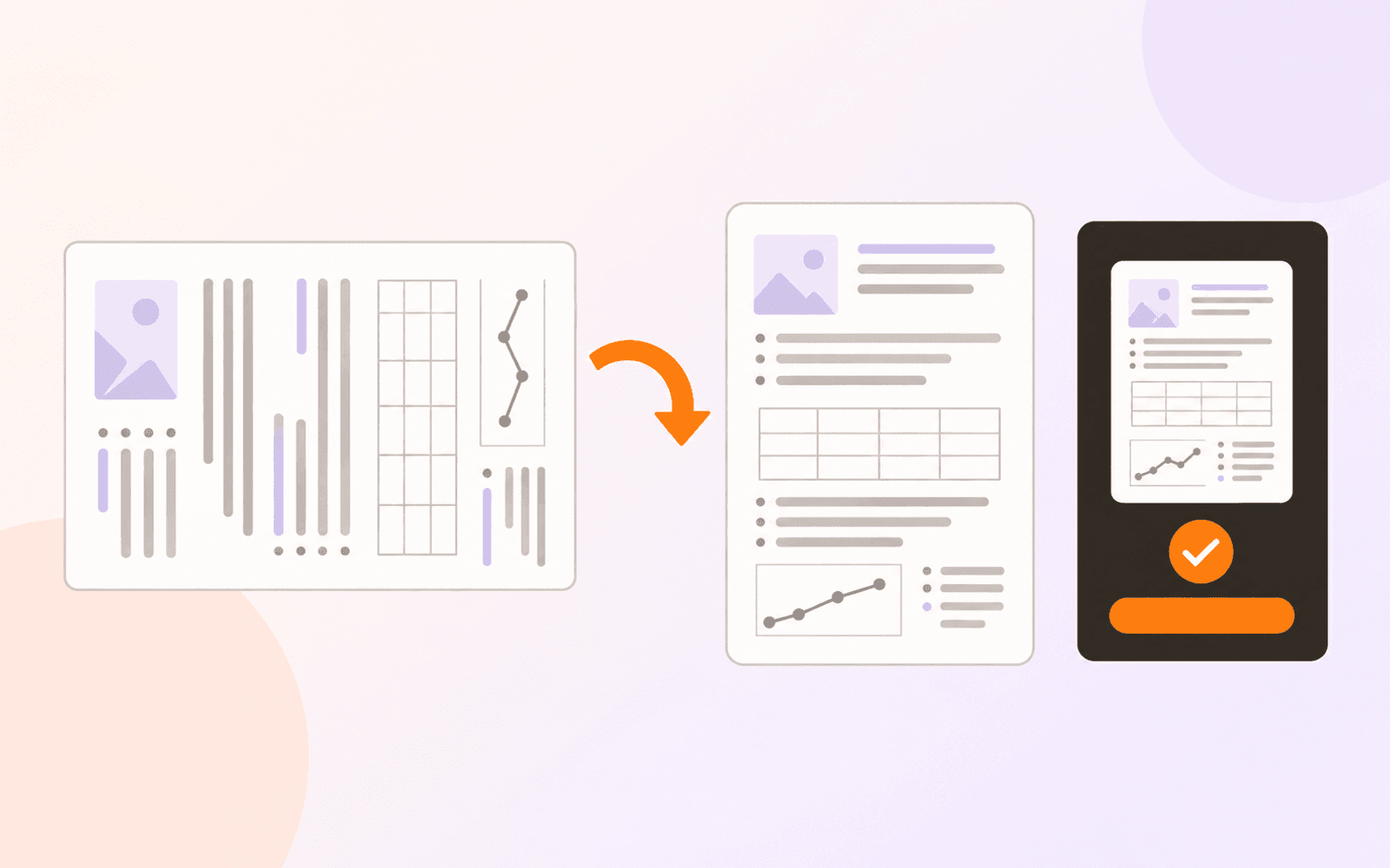 A sideways document turns upright beside a dark saved-result panel