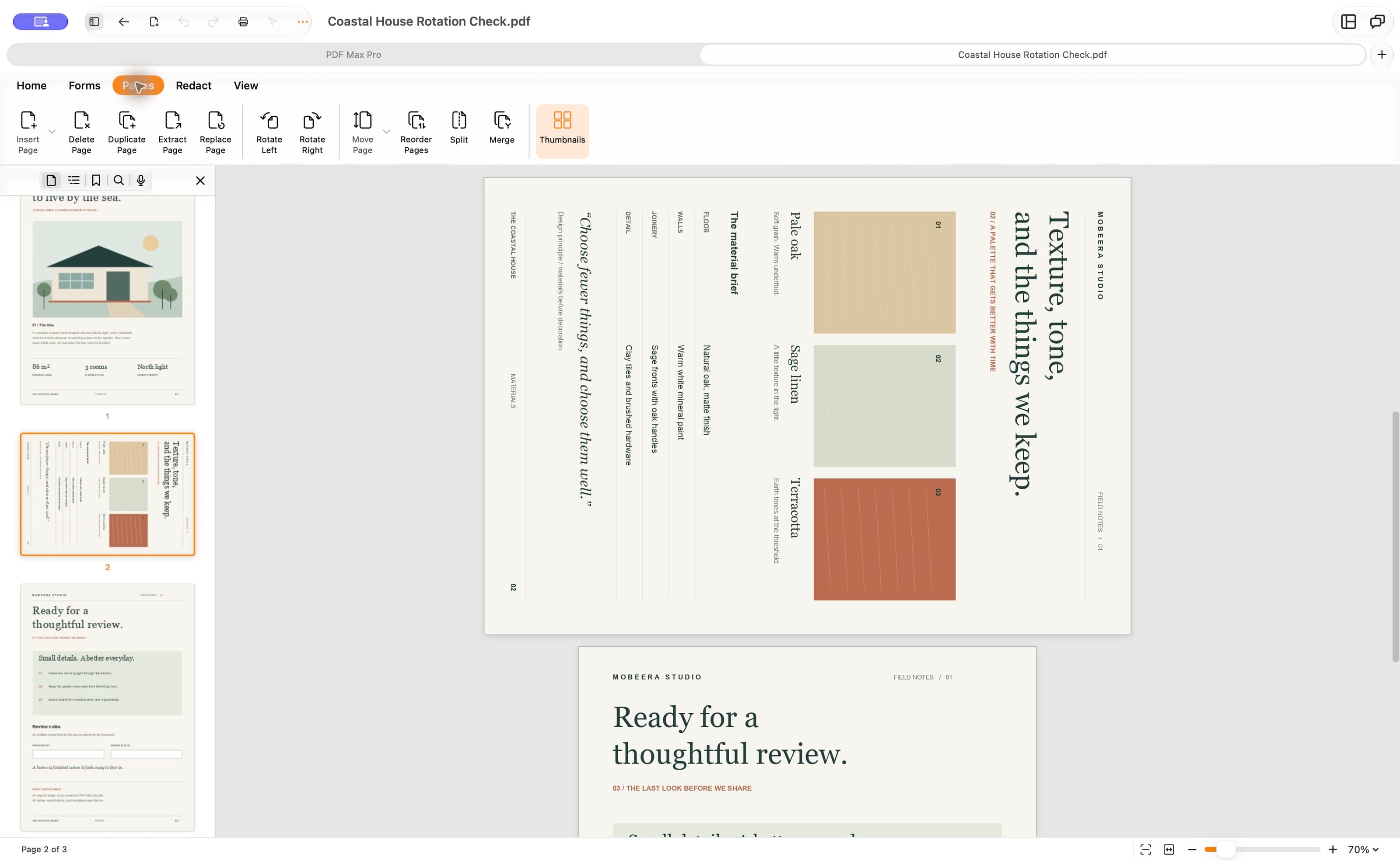 PDF Max on Mac with page 2 of the Coastal House document sideways and the Pages ribbon open