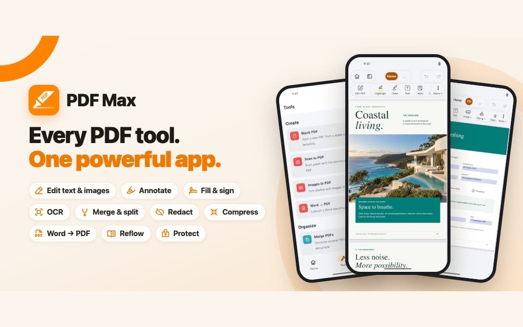 PDF Max for Android showing PDF editing, document tools, and a fill-and-sign form on three phones