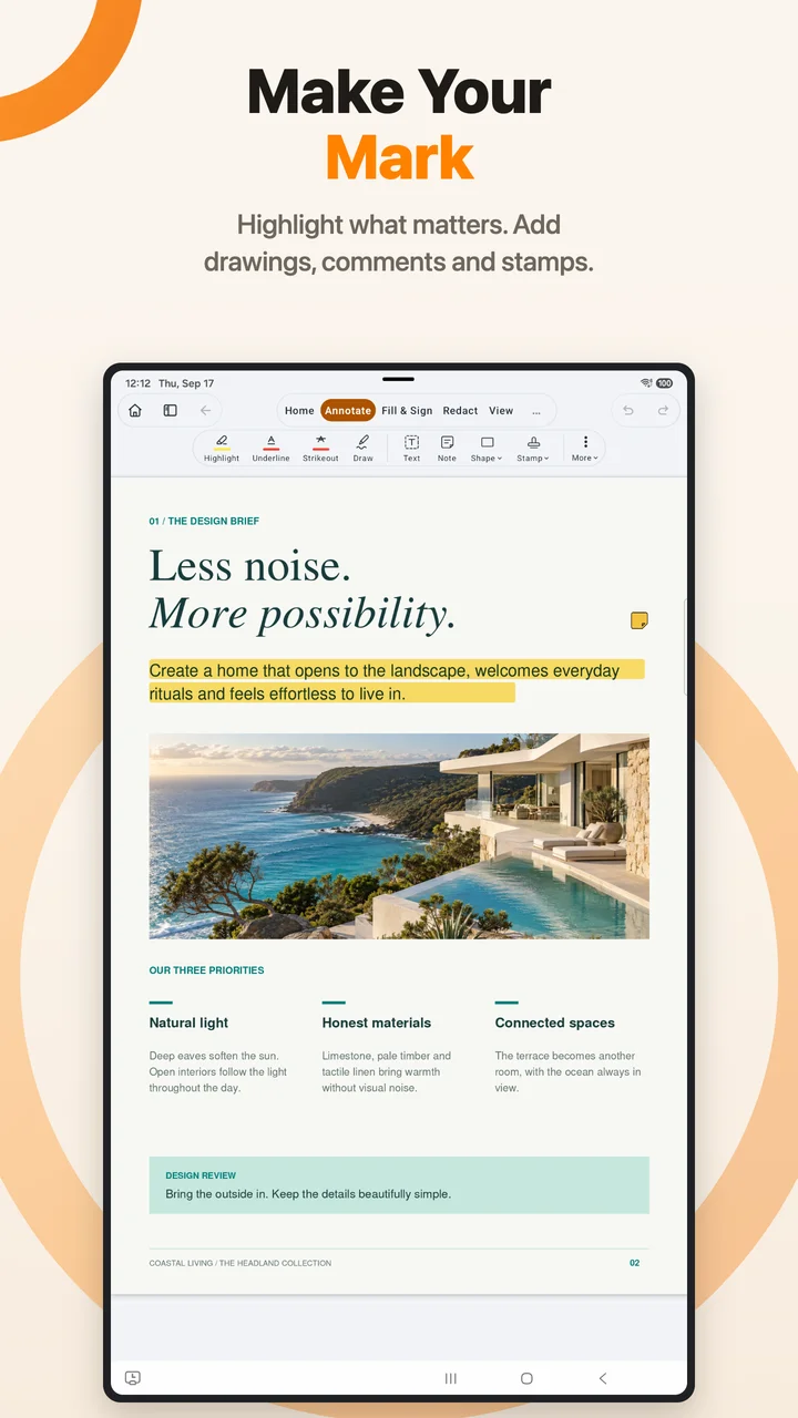 PDF Max on an Android tablet displaying a highlighted design brief with a comment marker