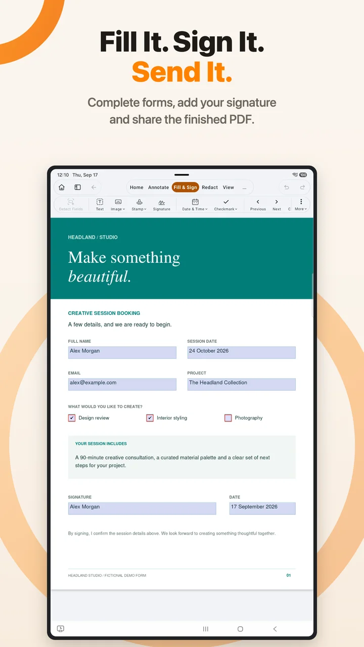 PDF Max on Android showing a completed studio booking form with a signature
