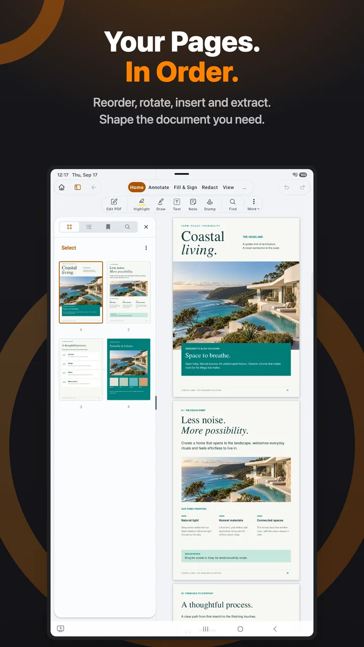 PDF Max on an Android tablet showing page thumbnails beside the current PDF page