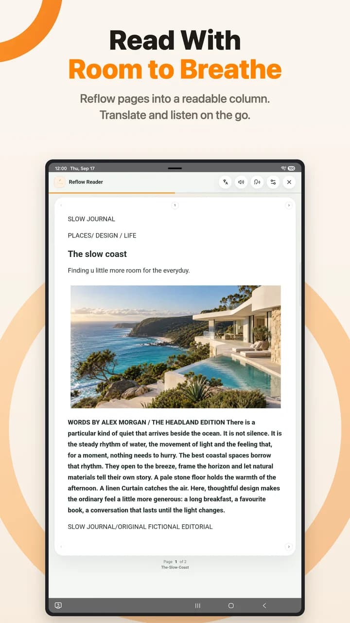 An article displayed in PDF Max Reflow Reader on an Android tablet