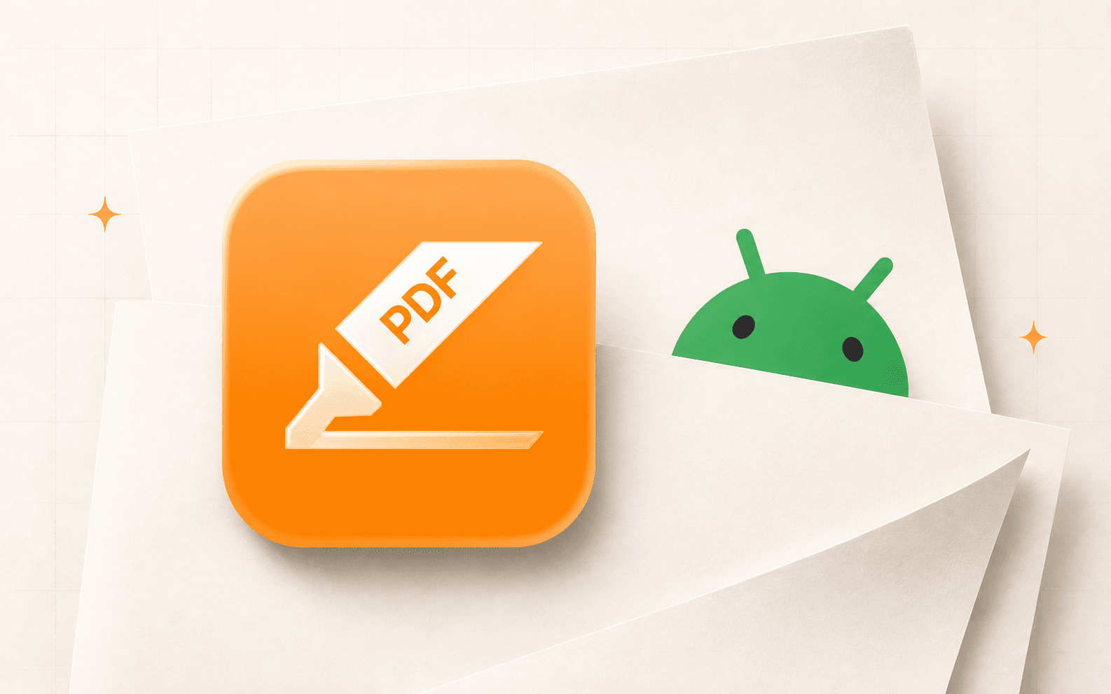 PDF Max icon on layered PDF pages with the green Android robot peeking from behind