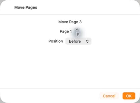 Move Pages dialog configured to move page 3 before page 1