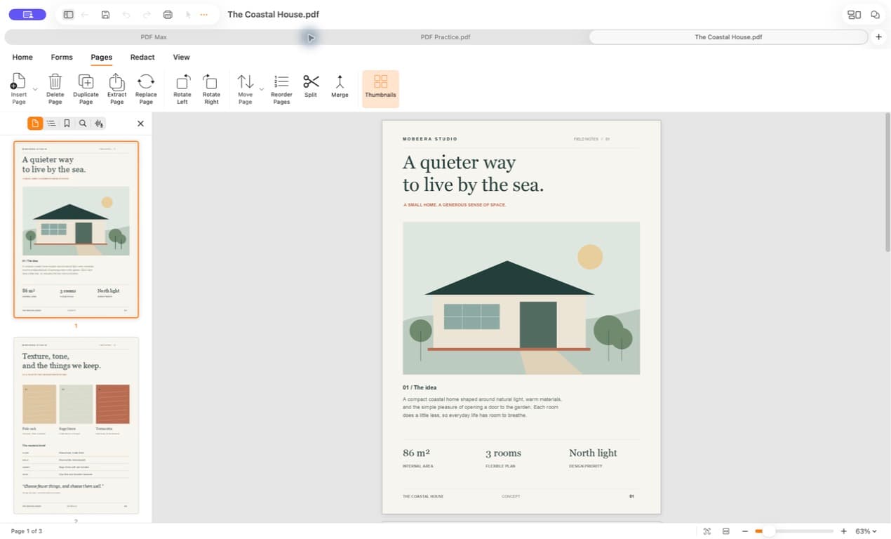 PDF Max on Mac with the Pages toolbar and thumbnails for a three-page coastal design study