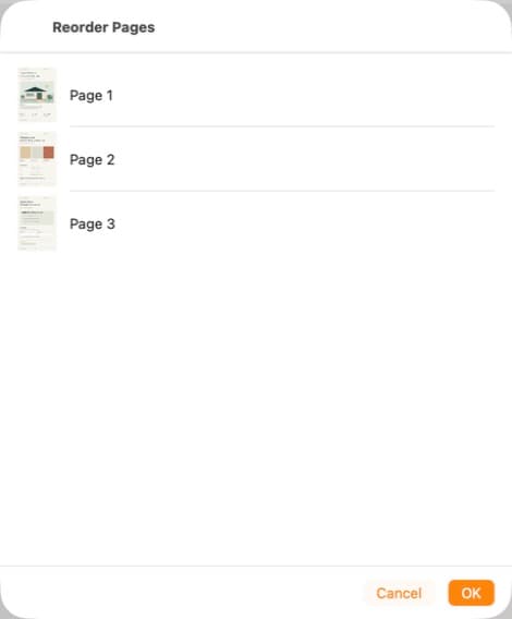 PDF Max Reorder Pages sheet showing the cover, materials palette, and review page thumbnails