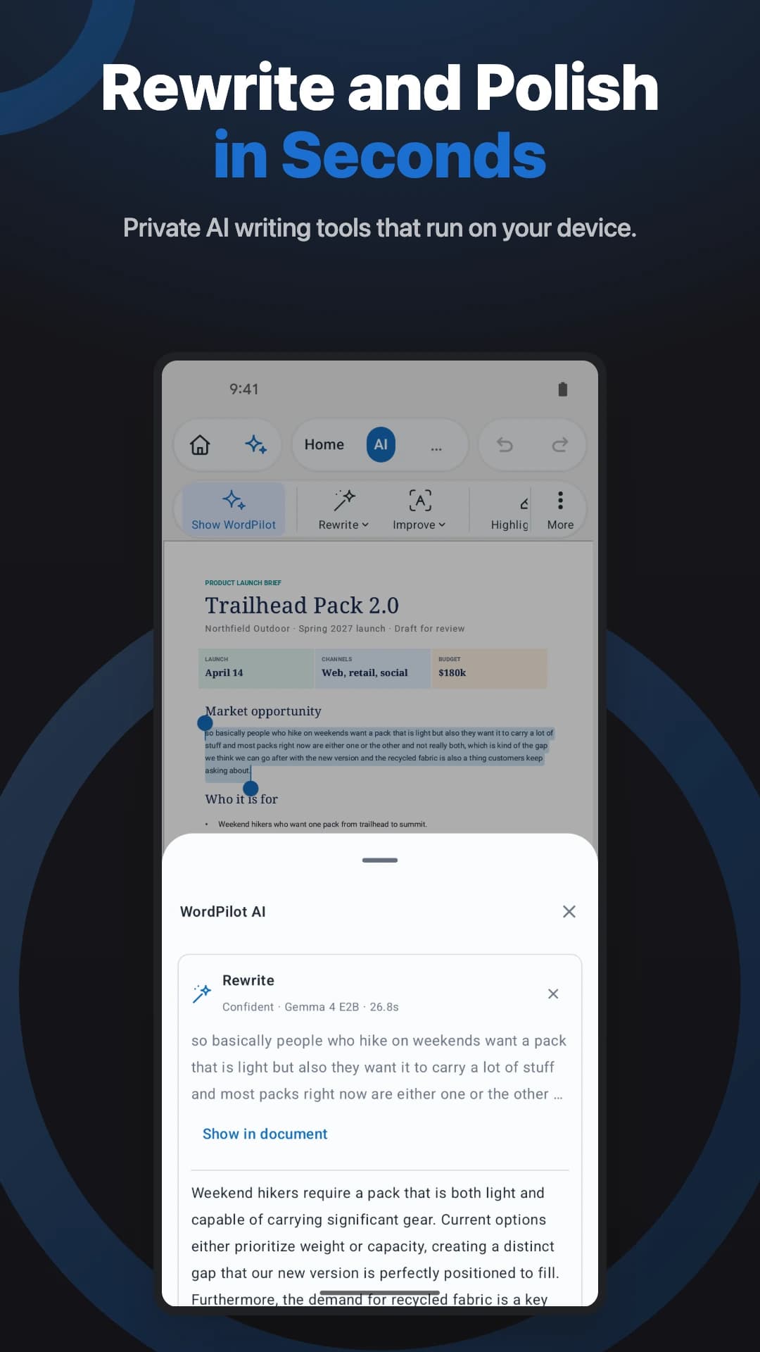 WordPilot on Android showing selected document text and an AI rewrite suggestion