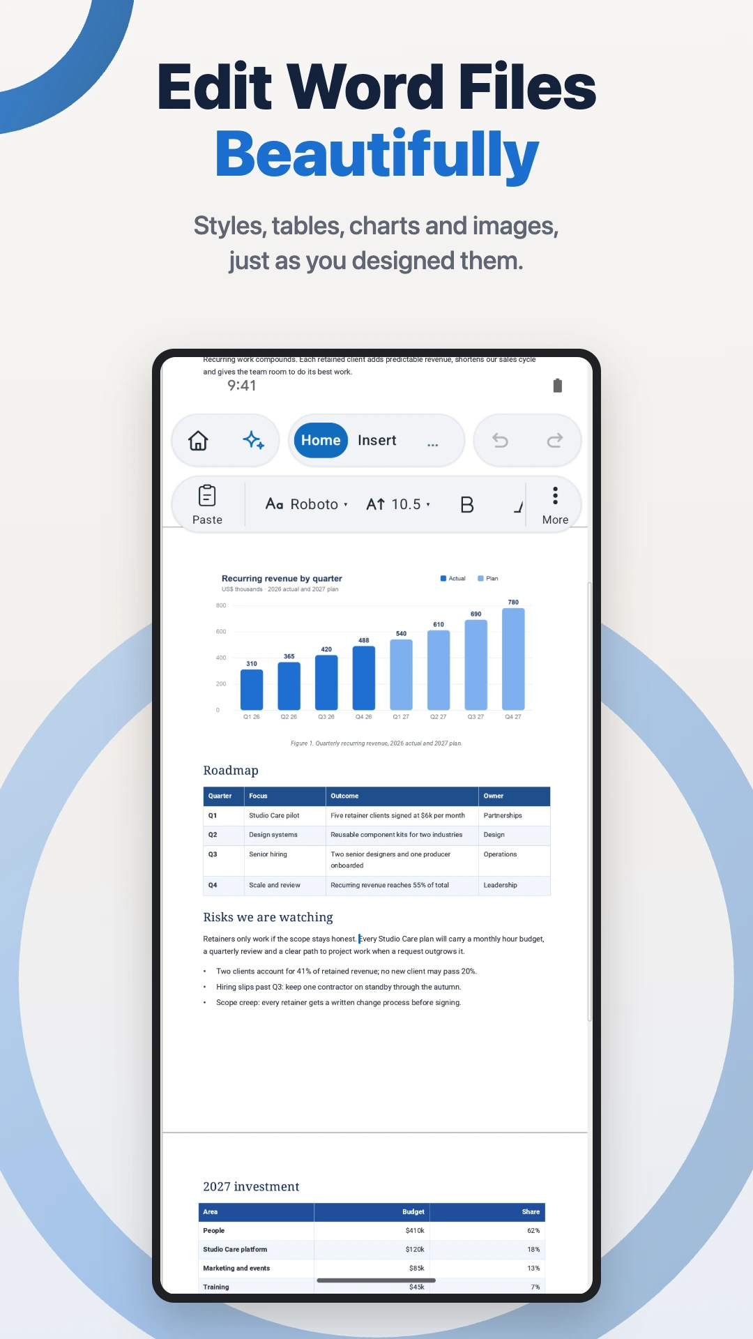 WordPilot on an Android phone editing a Word document with a chart, tables, and the Home ribbon