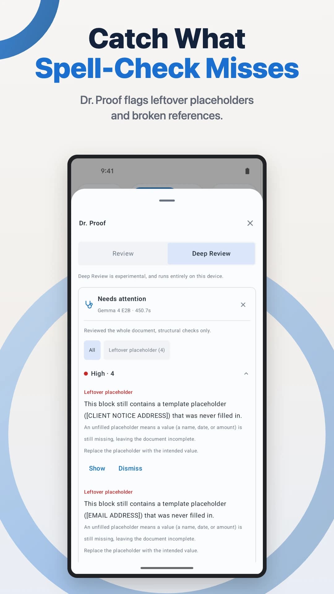 WordPilot on Android with Dr. Proof showing leftover placeholder findings in a document review