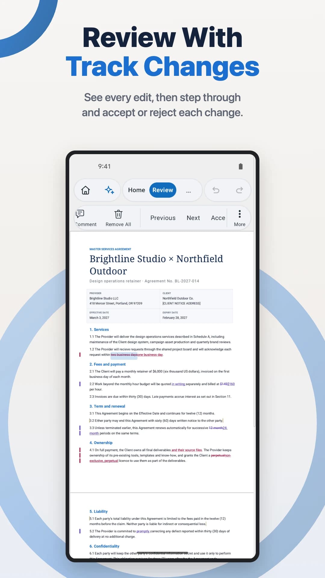 WordPilot on Android showing tracked edits in a document and the Review ribbon