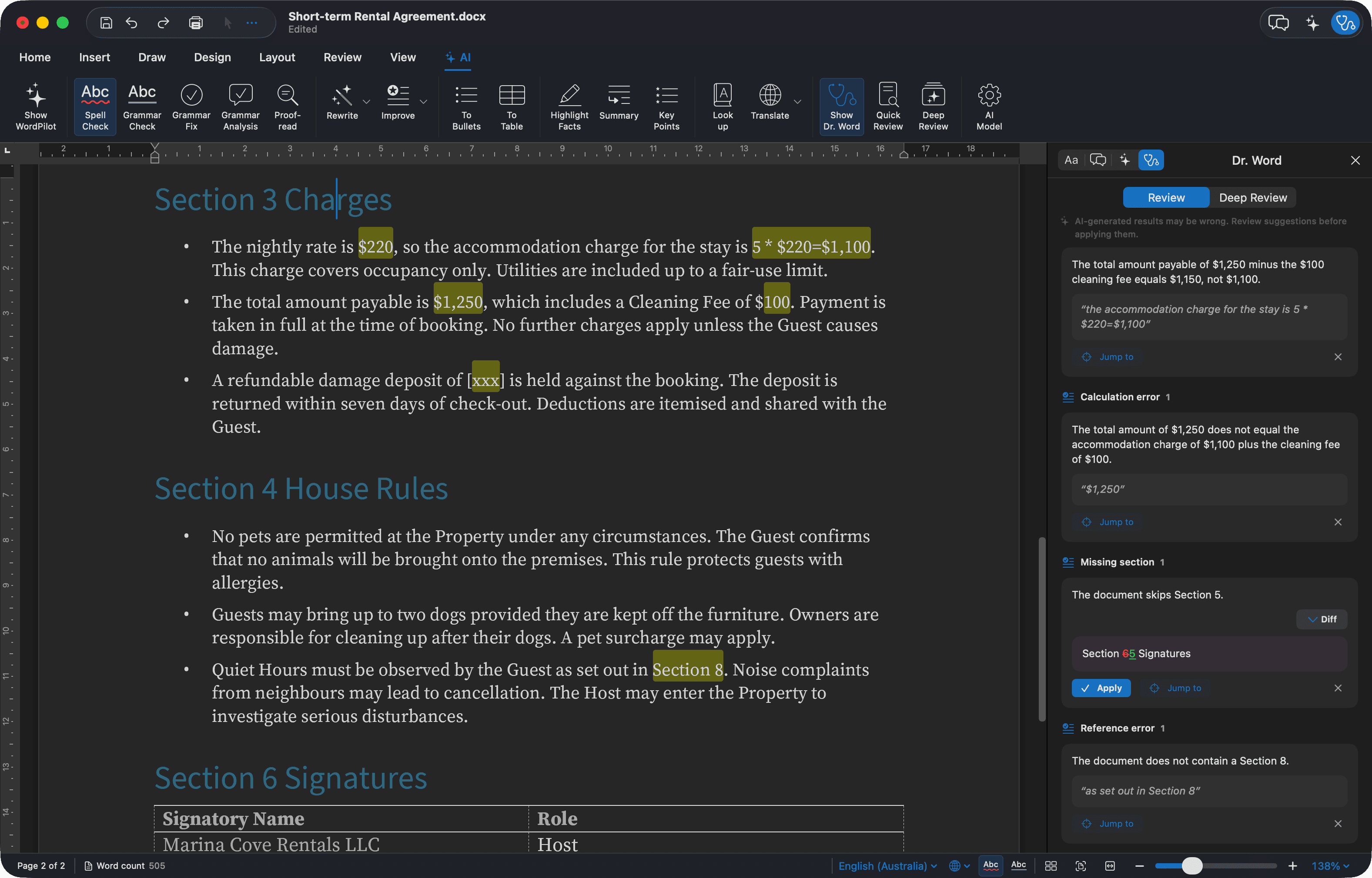 WordPilot on macOS with the Dr. Word review panel open, flagging a mismatched total, a skipped section number, an unfilled placeholder, and a broken cross-reference.