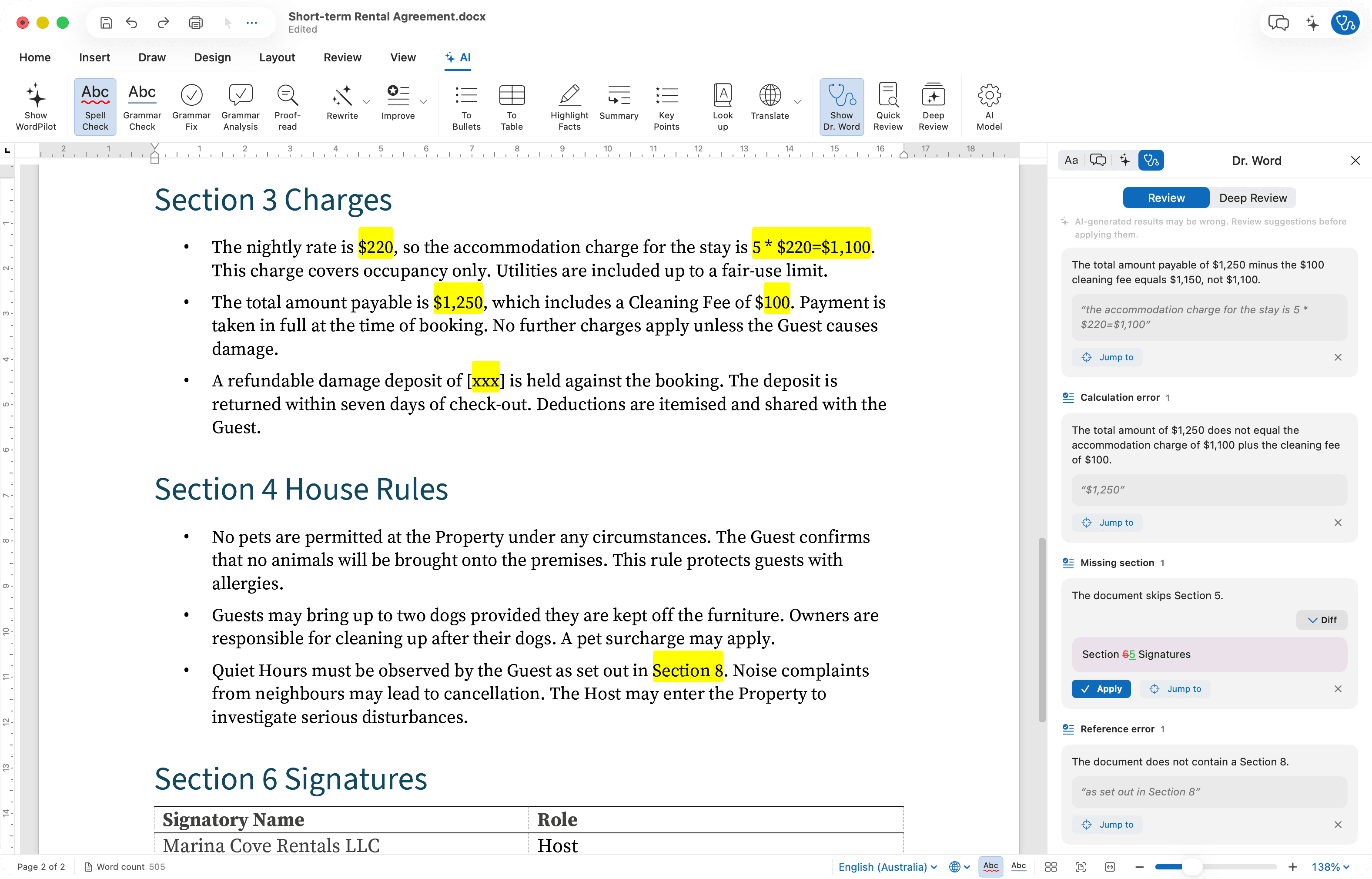 WordPilot on macOS with the Dr. Proof panel reviewing document-wide inconsistencies, references, and unfinished details.
