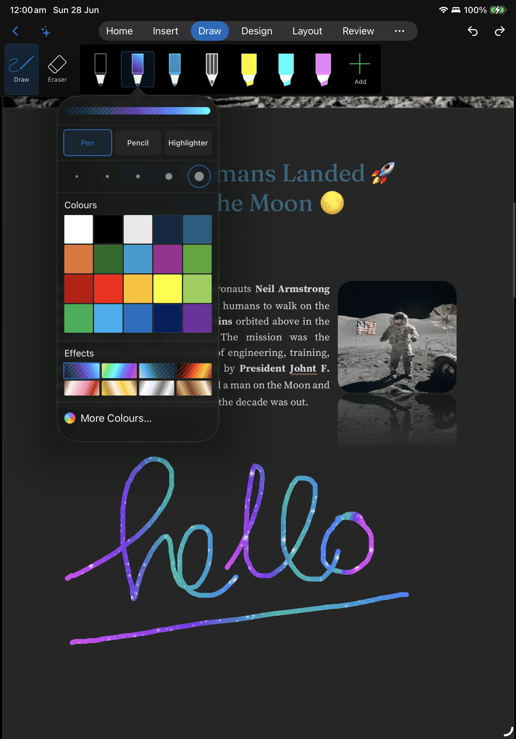 WordPilot on iPad with the Draw tab open — sketching with Apple Pencil, shapes, and ink annotations.