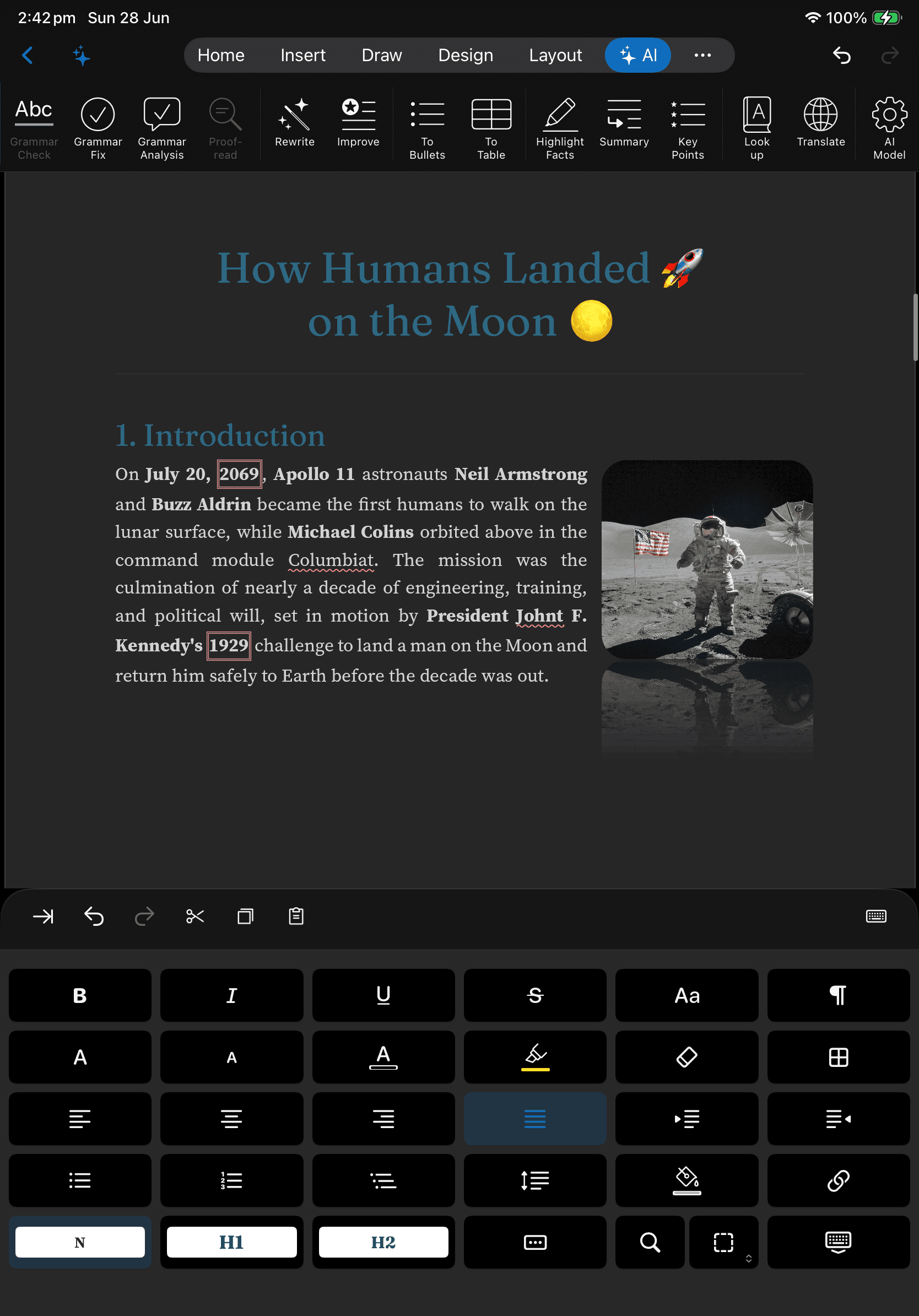 WordPilot on iPad, editing a document with the ribbon and the iOS keyboard accessory.