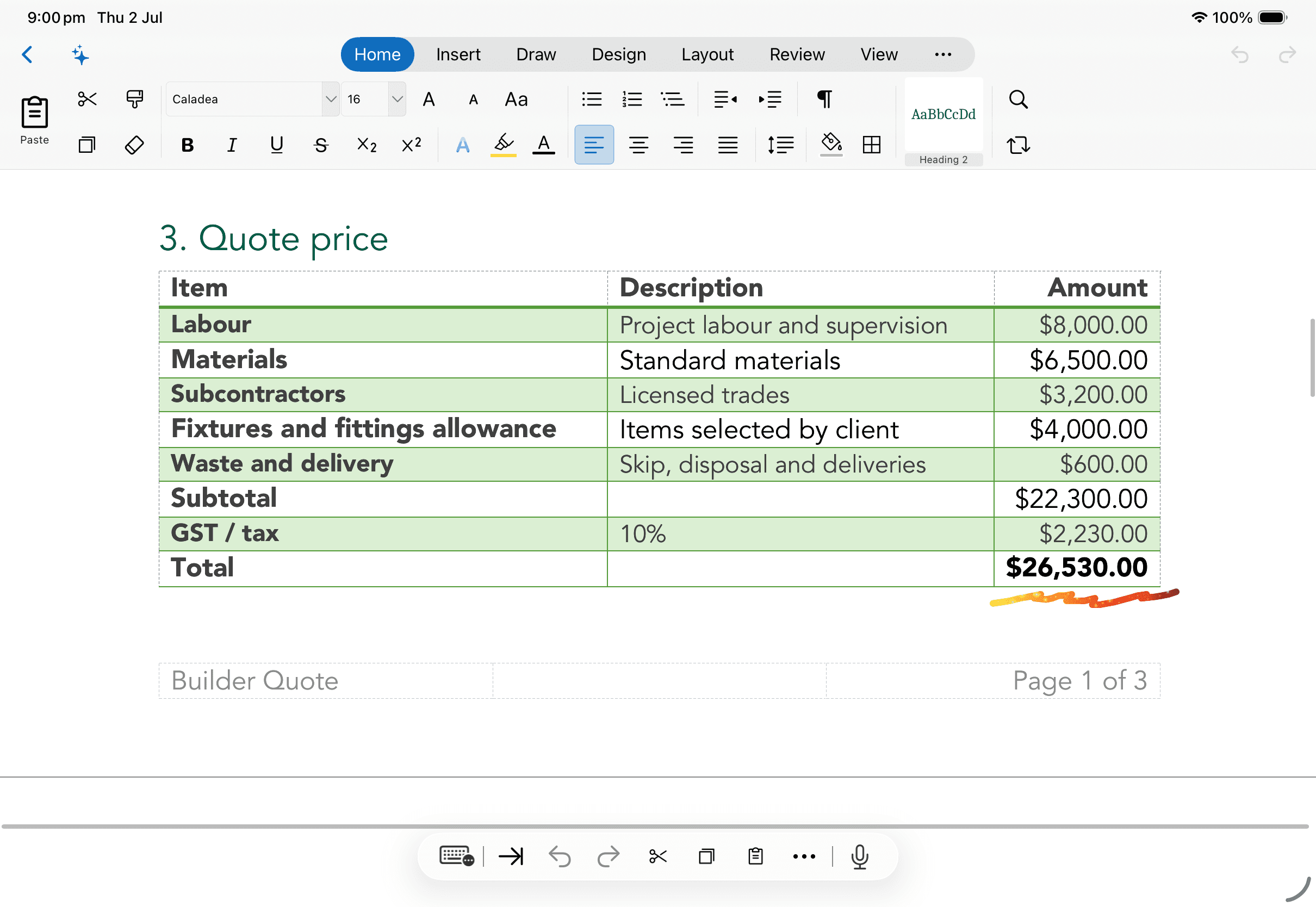 WordPilot on iPad, editing a document with the adaptive ribbon and keyboard controls.