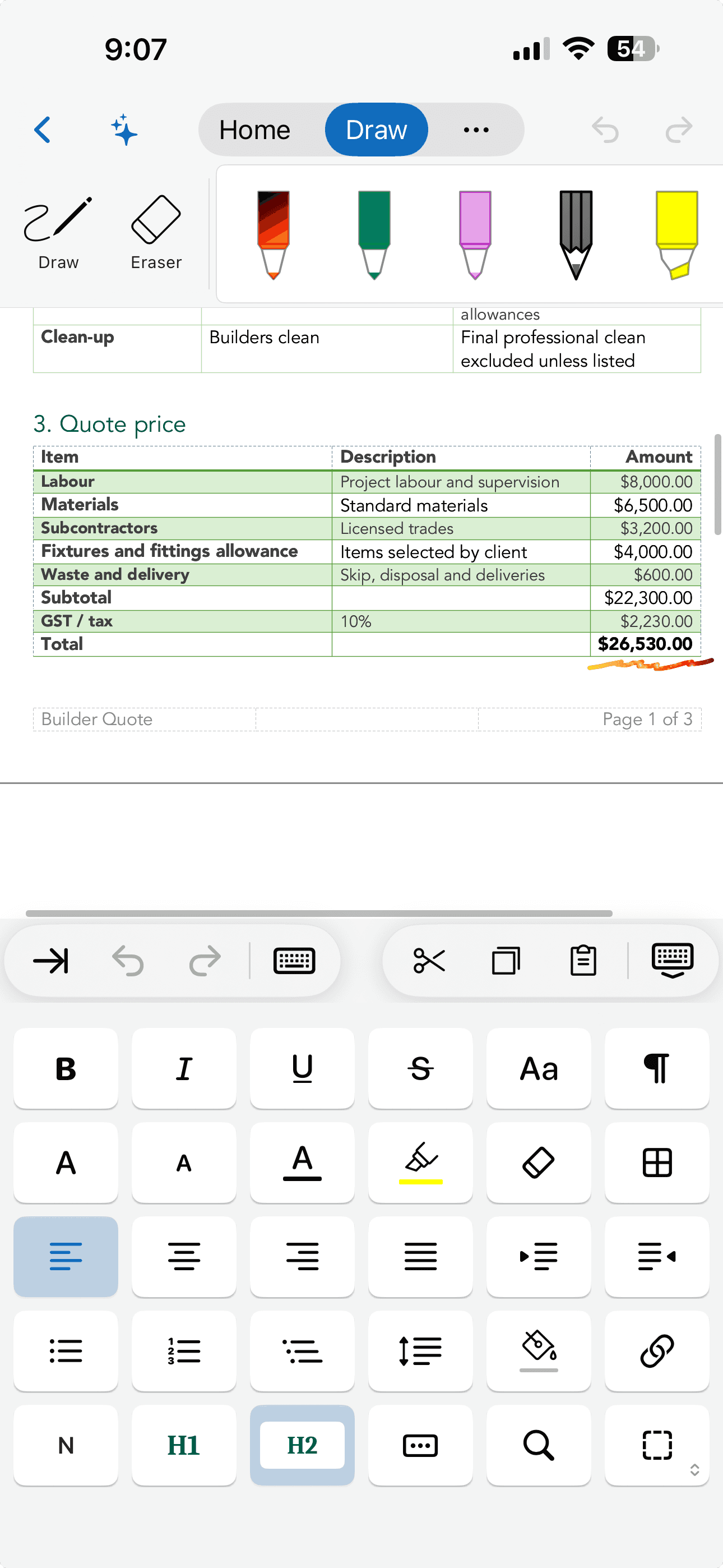 WordPilot on iPhone with document editing and formatting controls.