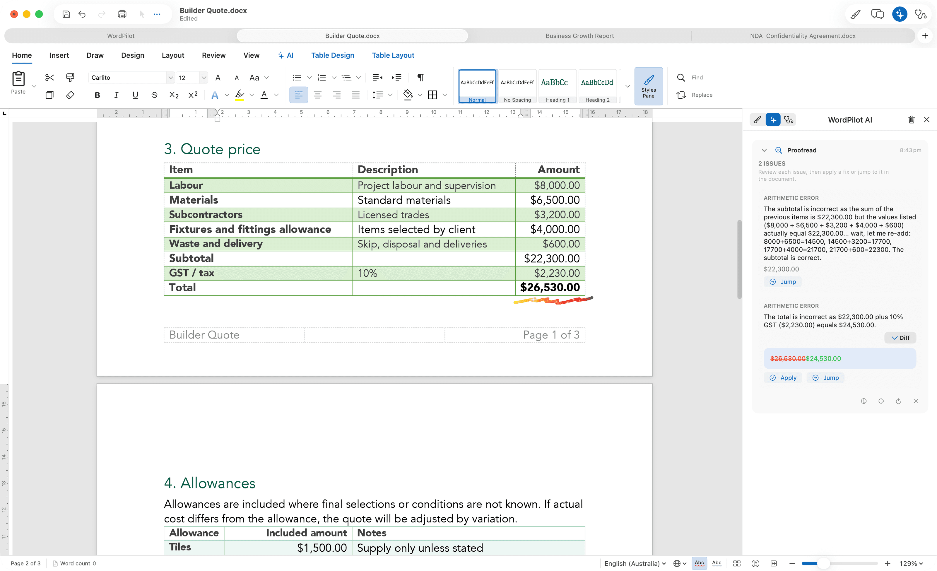 WordPilot on macOS with the AI proofread panel open and reviewing the document.