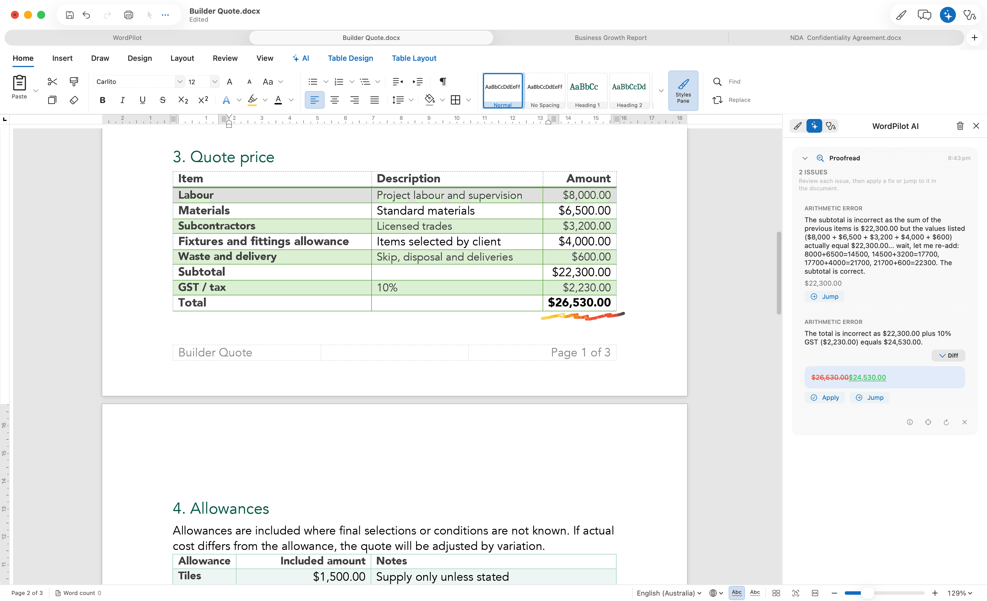 WordPilot on macOS with the AI proofread panel open and reviewing the document.
