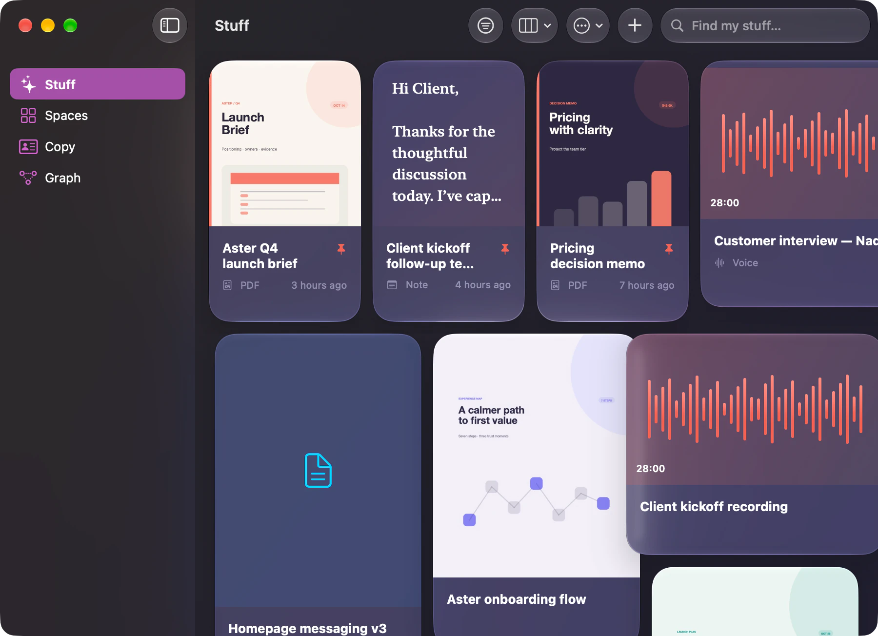 Stuff holding professional PDFs, notes, images, links, and voice recordings in one visual library