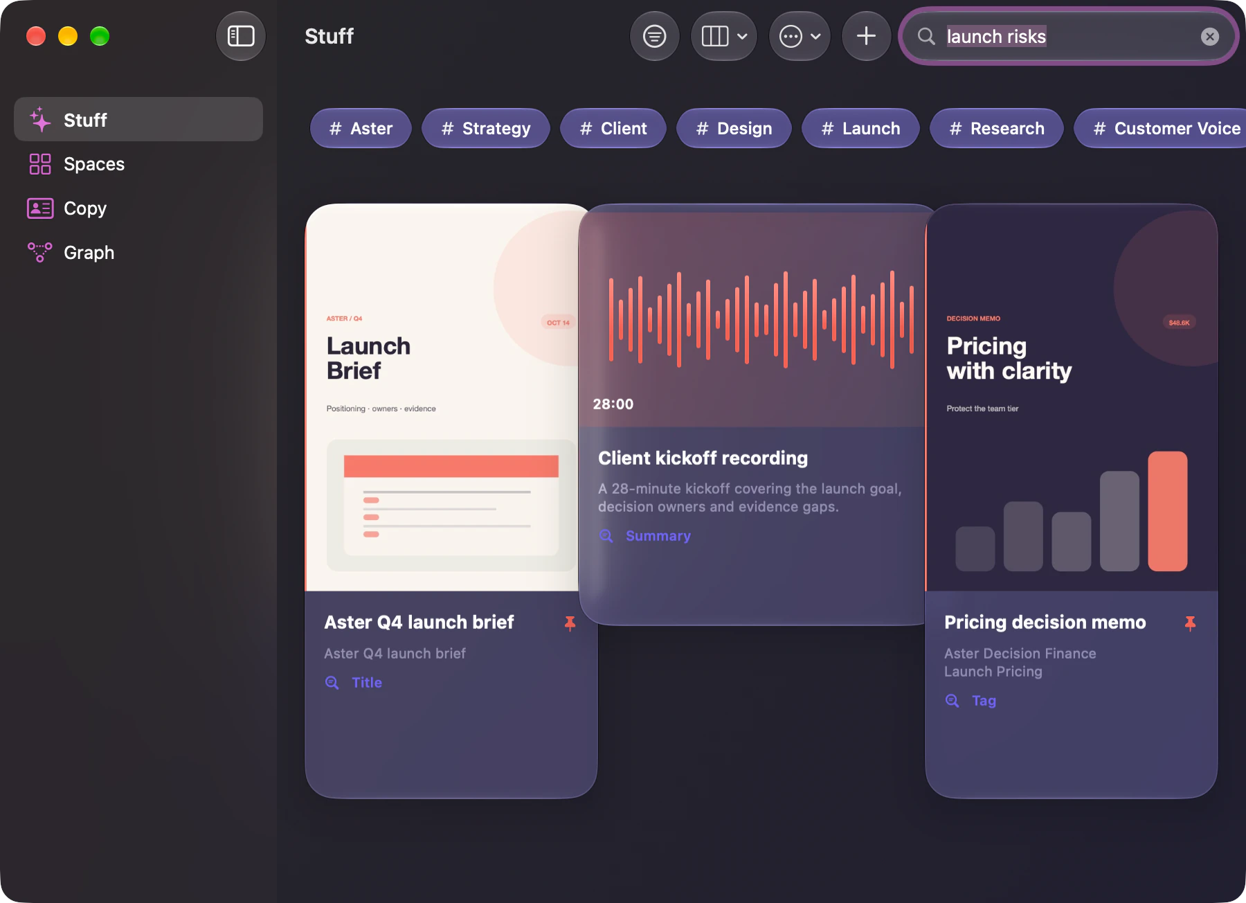 Stuff searching launch risks across PDFs, voice notes, and professional project material