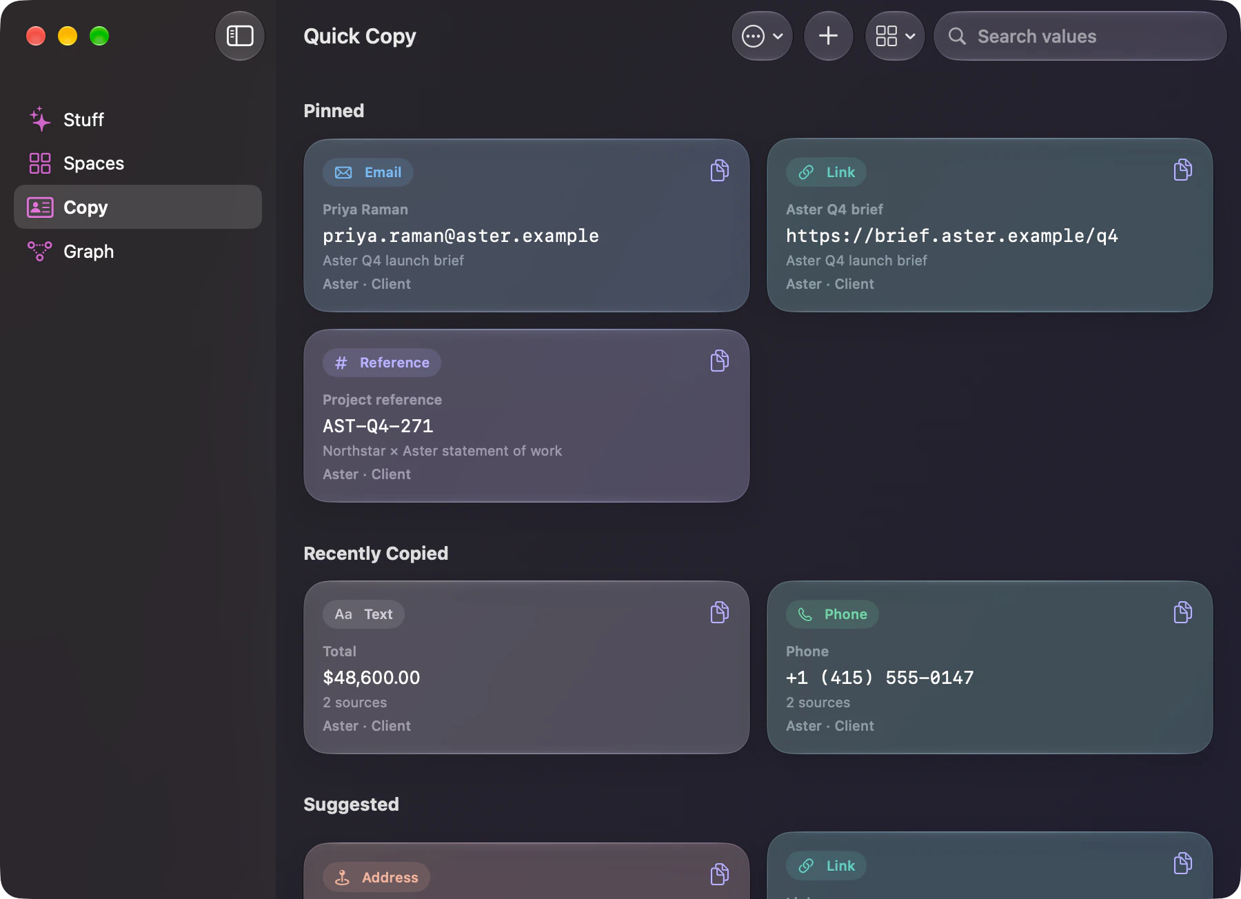 Stuff Copy showing pinned professional emails, links, references, amounts, dates, and phone numbers