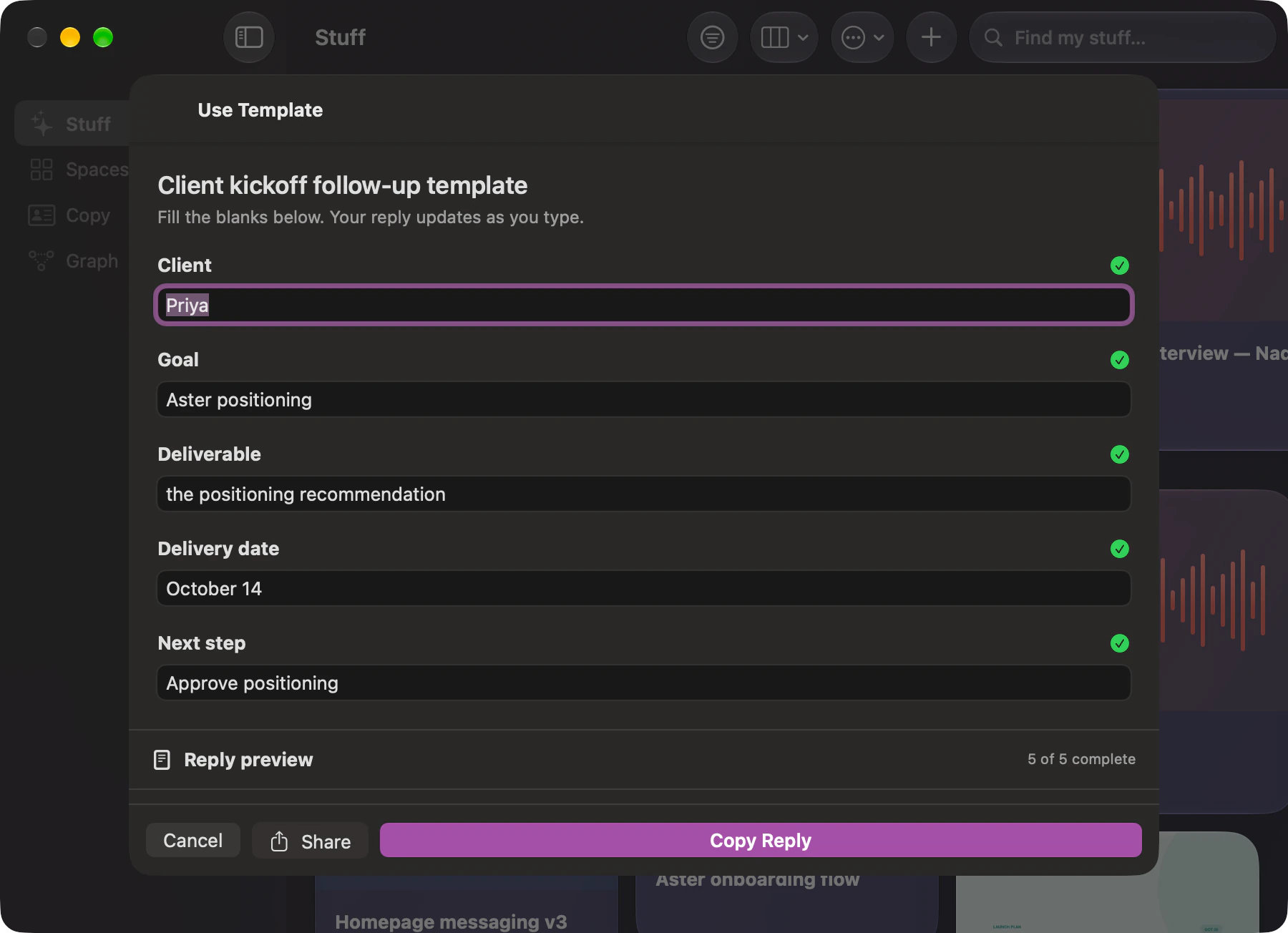 Stuff turning a client kickoff reply into a reusable template with typed blanks and a live result