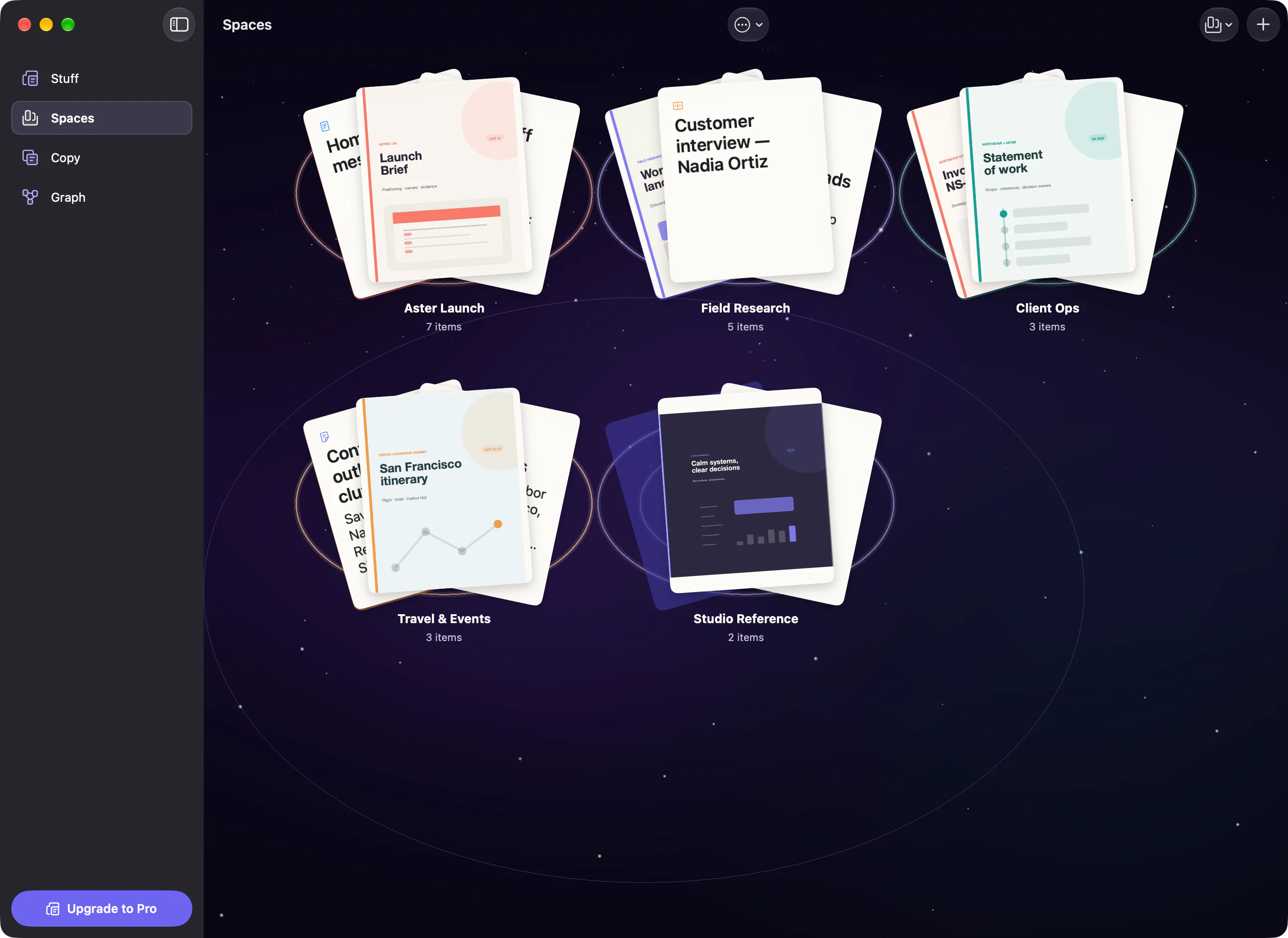 Stuff Universe Spaces overview with orbiting project previews